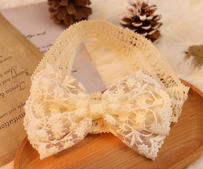 Lace Flower Bow-knot Baby Girls Headband Birthday Infant Wrap Elastic Baby Turban Hairband for Newborn Infant Toddler Kids (Ivory)