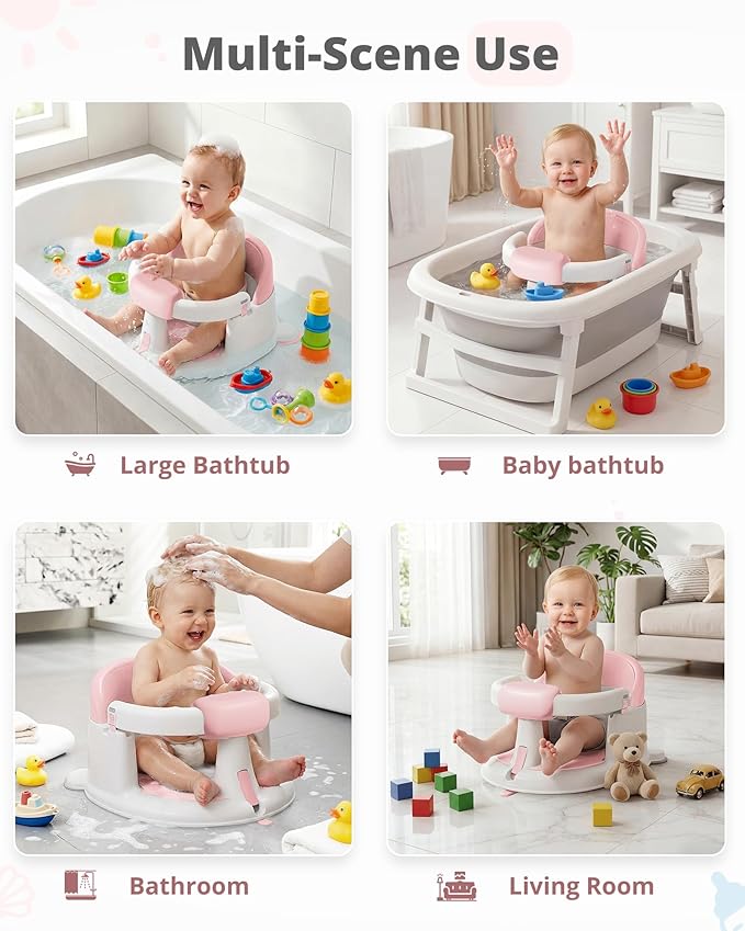 ONTHEWEI Baby Bath Seats for Babies Sitting Up, Non-Slip Baby Bathtub with 3 Suction Cups, Safe & Comfortable Toddler Bath Seat Ideal for Baby Bath/Shower Support, Stable Design, Grey (6-24 Months)