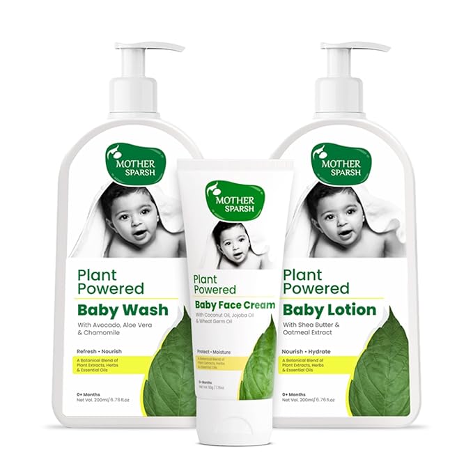 Mother Sparsh Plant Powered Natural Baby face Cream, 50g + Plant Powered Natural Baby Lotion and Baby Wash (200ml Each)