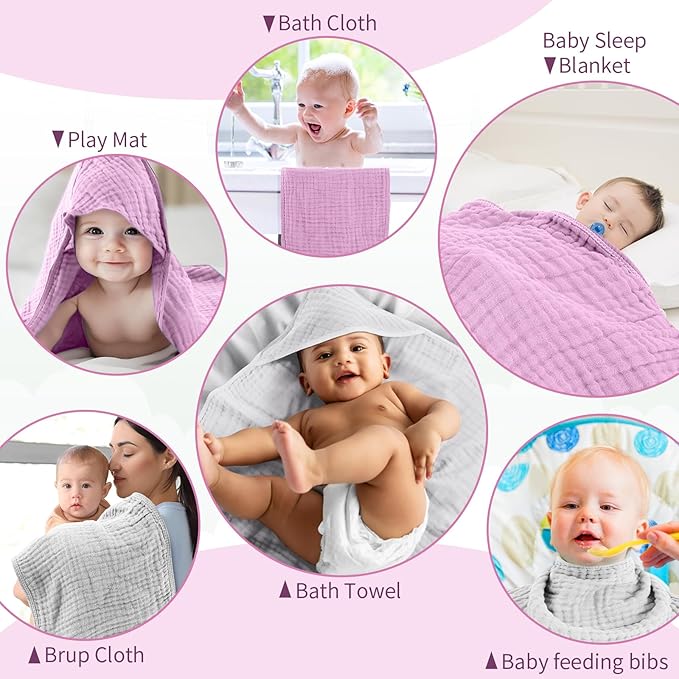 VitalCozy 6 Pcs Baby Muslin Hooded Bath Towels and Washcloths, Muslin Hooded Baby Towels Absorbent Blankets for Gift Newborn Infant Shower (White,Pink)