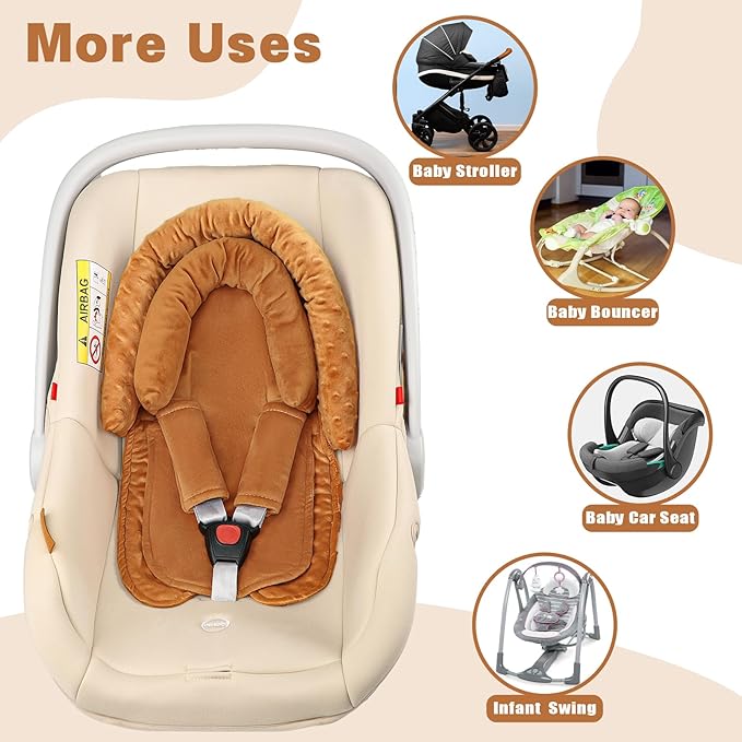Infant Car Seat Insert, HNHUAMING Baby Car Seat Head & Body Support with 2 Straps Pads, Ultra Soft Newborn Preemie Carseat Insert Cushion for Girls Boys, Fits Car Seat, Stroller, Swing, Bouncer, Brown