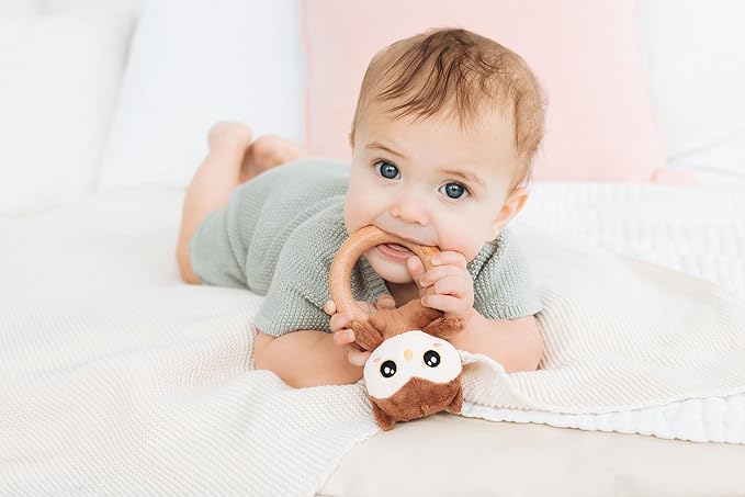 Pearhead Owl Wooden Baby Teether – Soft Plush Lovey with Natural Wood Rattle Ring, BPA-Free, Soothes Infant Gums, Multi-Sensory Newborn Essential for Boys and Girls, 0+ Months