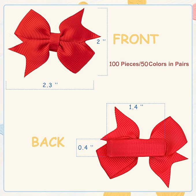 Baby Hair Clips, 100PCS 2" Fully Lined Hair Bows for Girls, Toddler Hair Accessories, Alligator Hair Clips for Girls Toddlers Baby Kids Teens (50 Colors in Pairs）