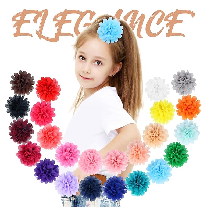 Cinaci 25 Pack Solid Big 4" Chiffon Flower Alligator Hair Clips Barrettes Hairpins Accessories for Baby Girls Infants Toddlers Kids Teens Women