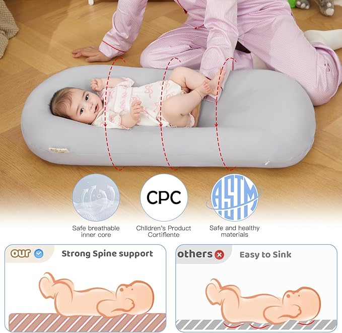 Lucakuins Infant Support Cushion, 0-24 Months Newborn Baby Support Cushion with Cover, Portable Playing Time Mat for Home and Travel, Soft Cotton, Supervised Use, Baby Essentials Gift (Grey)