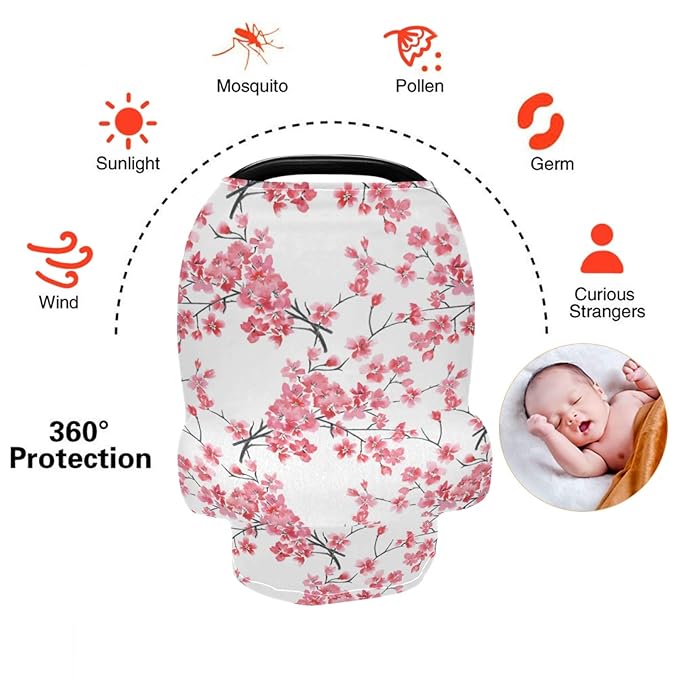 Baby Car Seat Covers Canopies for Boys Girls Branches of Cherry Blossoms Infant Stroller Cover Nursing Cover Breastfeeding Scarf Warm Windproof