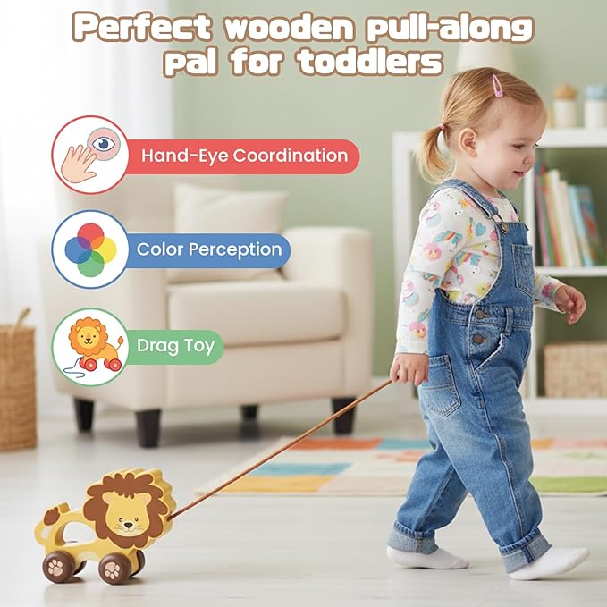 Baby Toys Car,Wooden Pull Along Toddler Toy, Developmental Toy for 1 Year Old Girl Boy Birthday Gift (Lion)