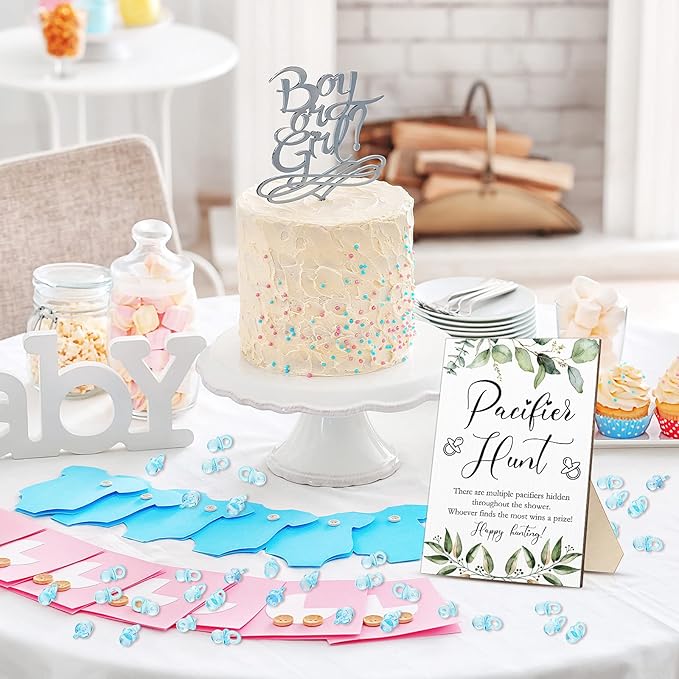 Roowest 51 Pcs Pacifier Hunt BabyShower Games Include Wooden Hunt Sign and 50 Acrylic Mini Plastic Pacifiers for BabyShower Game Decoration Gift Sets Gender Reveal Party