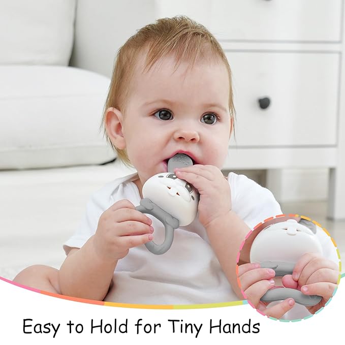Mombella Baby Teething Toys 3–6 Months with Rattle, Bunny Easter Basket Stuffers for Babies 6–12 Months, Baby's First Toy with Anti Drop Strap, Teething Relief Baby Chew Toys, Easter Gifts, Grey