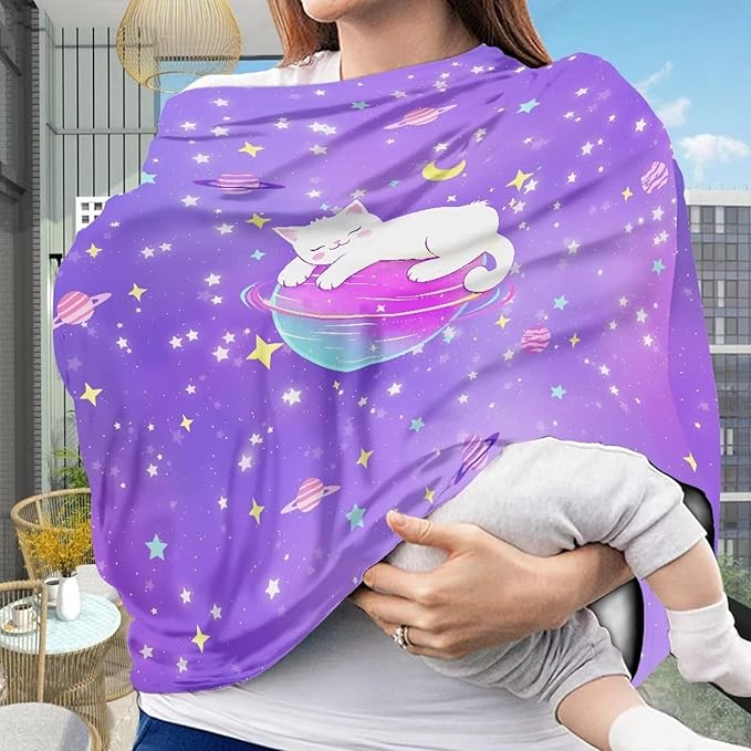 GIFTPUZZ White Cat Baby Car Seat Cover, Breastfeeding Scarf, Nursing Cover Stretchy Breathable Adjustable Infant Newborn Car Cover Protection, Infant Stroller Covers, Carseat Canopy