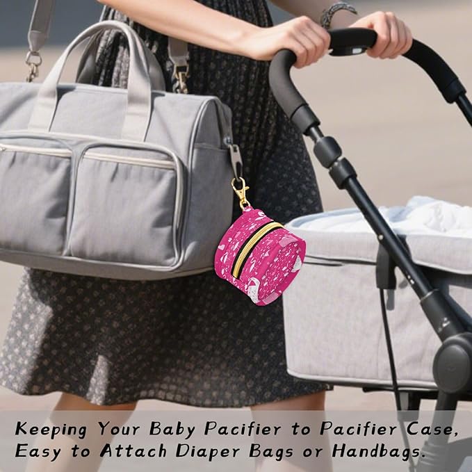 Pacifier Holder with Clip Pacifier Case for Diaper Bag Round Baby Pacifier Pouch Box Bag Portable Hot Pink Flamingos and Hearts