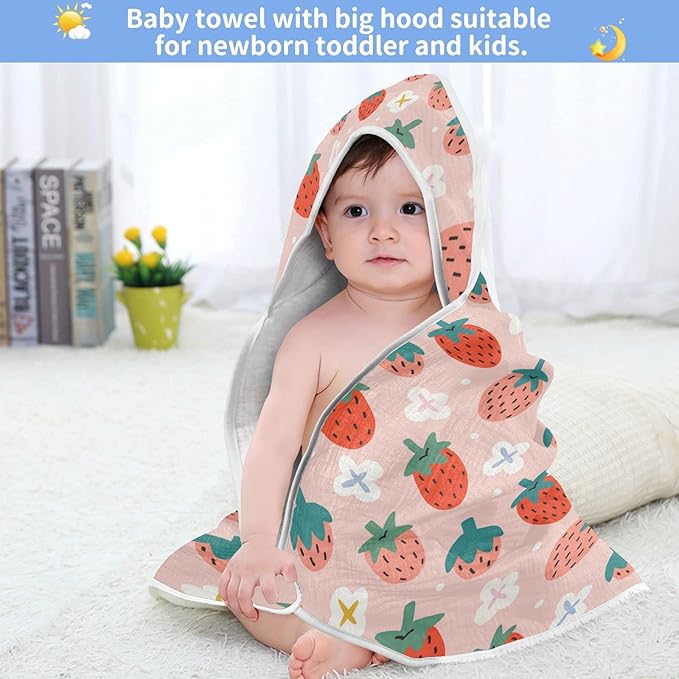 Pink Strawberry Baby Boys Girls Bath Towel Fruit Summer Hooded Towels Newborn Toddlers Organic Cotton Washcloths Shower Beach Towel 35 x 35 Inch
