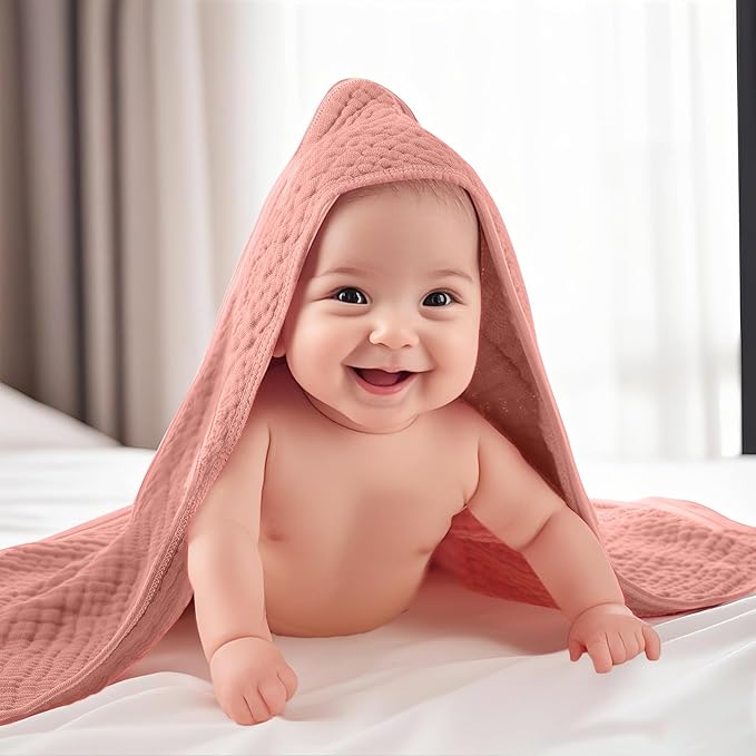 VitalCozy 12 Pcs Baby Muslin Hooded Bath Towels and Washcloths, Muslin Hooded Baby Towels Absorbent Blankets for Gift Newborn Infant Shower (Pink Beige Series)