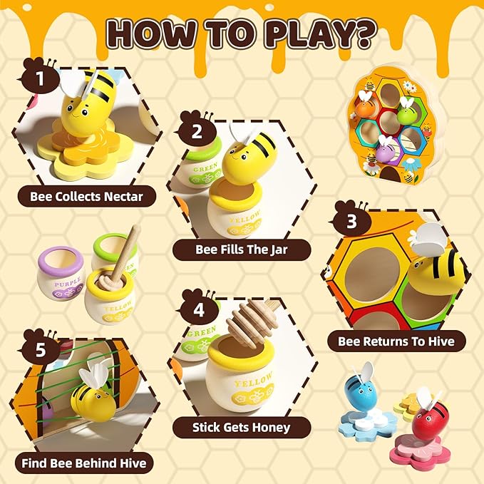 Wooden Toddler Fine Motor Skill Toy, Bee to Hive Matching Game with Honey Jar & Sticks, Montessori Color Sorting Matching Toys, Preschool Educational Learning Toys, Gift for Toddler 2 3 4