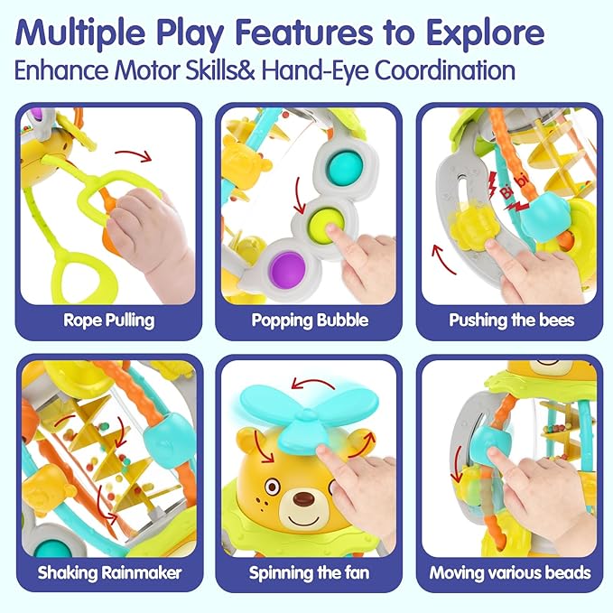 HOLA Montessori Toys for 1 Year Old Boys-Rattle Teething Baby Toys 0-6 & 6-12 Months, Silicone Pull String Sensory Toys for 1 Year Old Girl Gifts Christmas Stocking Stuffers