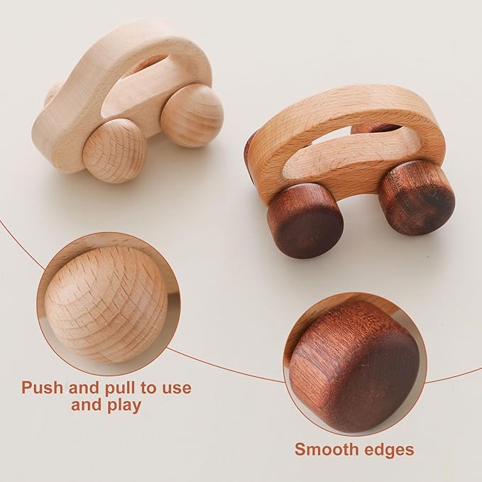 Wooden Baby Car Toys,Wood Push Car for Toddler Montessori Baby Grip Toy Car,Gifts for Boys and Girls,Push and Pull Toy Car 2 Pieces