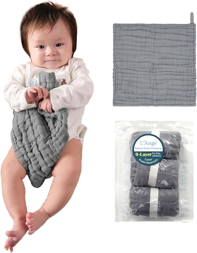 L'Ange Baby Washcloths and Burp Cloths Set - 3 Pack of 9 Layer 100% Cotton Muslin for Sensitive Skin - Super Absorbent - Medical Grade Packaging for Infants Newborns and Toddlers