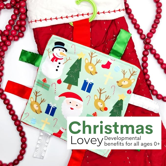 Baby Jack & Co 8x8” Baby's First Christmas, Stocking Stuffer, Santa Gift, Rudolph Red Nose Lovey Tag Toy - Crinkle Toy for Developing 5 Senses - Soother - Travel Gift - BPA Free w/Stroller Clip