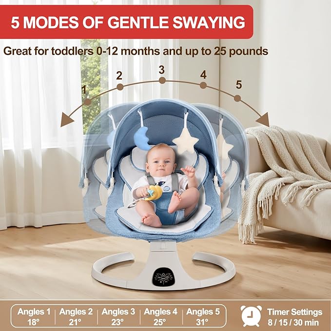 Baby Swing 3 in 1 Multifunctional Infant Rocker, Portable with Remote Control, 5-Point Seat Belt, 5 Auto Rocking, 3 Speed Timer, Electric with Music (0-12 Months) (Blue)