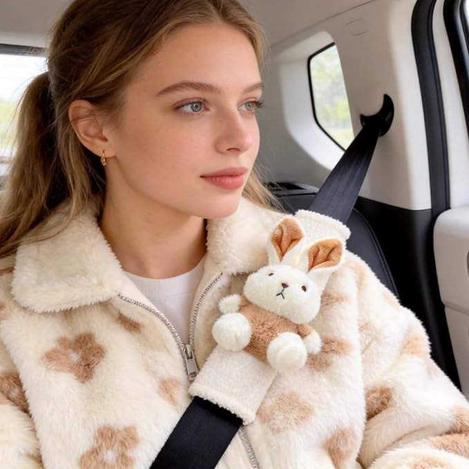 2 PCS Seat Belt Cover Pad, Cute Kawaii Animal Bunny Seatbelt Covers for Kids and Adults, Winter Plush Fluffy Soft Seat Belt Cover, Cartoon Seatbelt Cushion,Car Seat Strap Pads (D-Bunny)