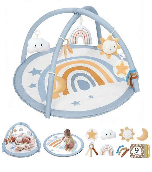 Little Dove Baby Play Gym Mat, Tummy Time Activity Mat with 7 Detachable Toys and 12 Milestone Cards for Stage-Based Sensory and Motor Skill Development, Washable Play Mats for Infant, Blue