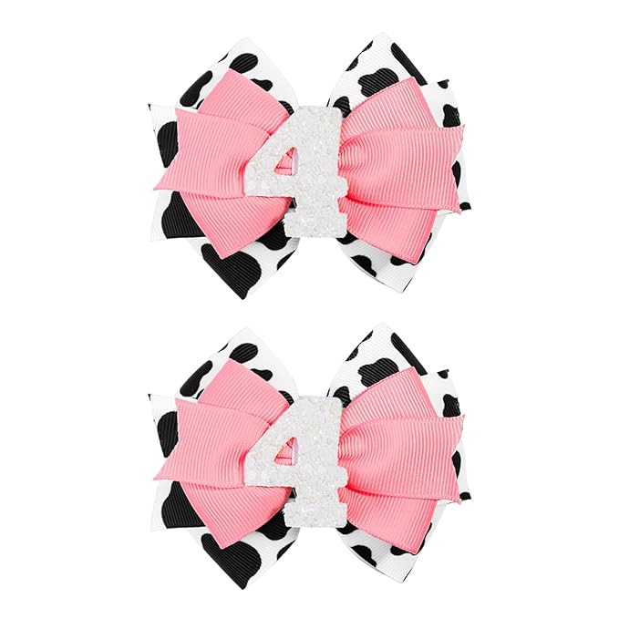 Cow Print Birthday Bow Hair Clip, Pink Farm Animal Theme 4 Year Old Hair Bow Clip Accessory for Toddler Girls Party Baby Shower Decor