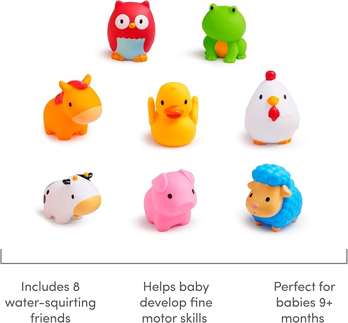Munchkin Baby Bath Toy Squirts for Babies and Toddlers 9 Months and Up, Farm Animal Squirters, 8 Pack