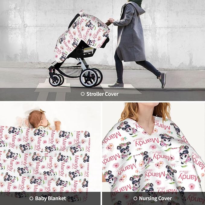 Personalized Baby Car Seat Canopy for Babies, Custom Name Baby Car Seats Covers for Girls, Opening Minky Nursing Breastfeeding Cover for Infant, Carseat Canopies for Newborn (Floral Panda Bear)