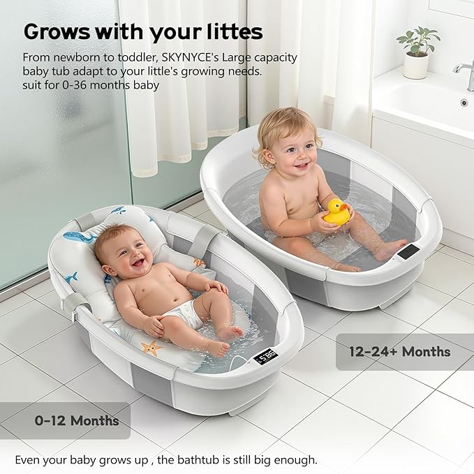 Collapsible Baby Bathtub for Newborn to Toddlers 0-36 Months, Large Baby Tub with Thermometer & Cushion, Easy Setup Foldable Travel Infant Bathtub, Newborn Babies Boy Girl Bath Tubs Grey