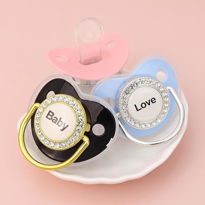 Personalized Pacifier with Name, Bling Gold Pacifier Clip Set Storage Box, Customized Halloween and Christmas Glitter Crystal Luxurious Soother Ideal Gift for Baby Shower Photography Newborn (Pink)