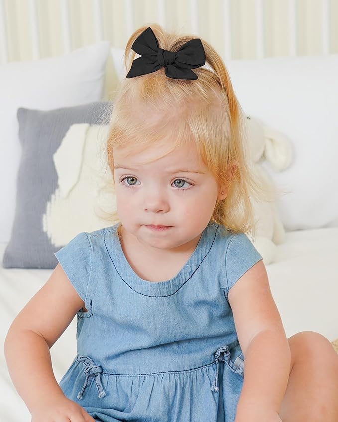 Jollybows 2pcs 3.2" Hair Bows Clips for Baby Girl Toddler Pigtail Neutral Linen Hair Clip Bows -Black