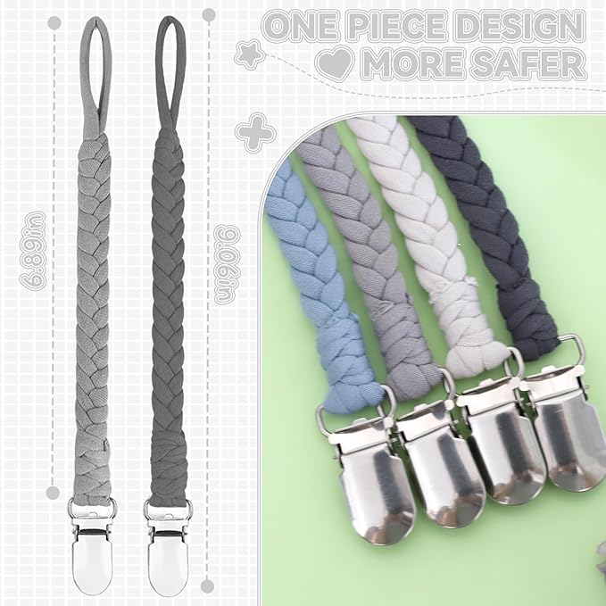 4 Pcs Pacifier Clip, Pacifier Clips for Boys & Baby Girls Pacifier Holder Clip Binky Clips Braided 100% Handmade Fits All Pacifiers(Grey, 4 Pack)