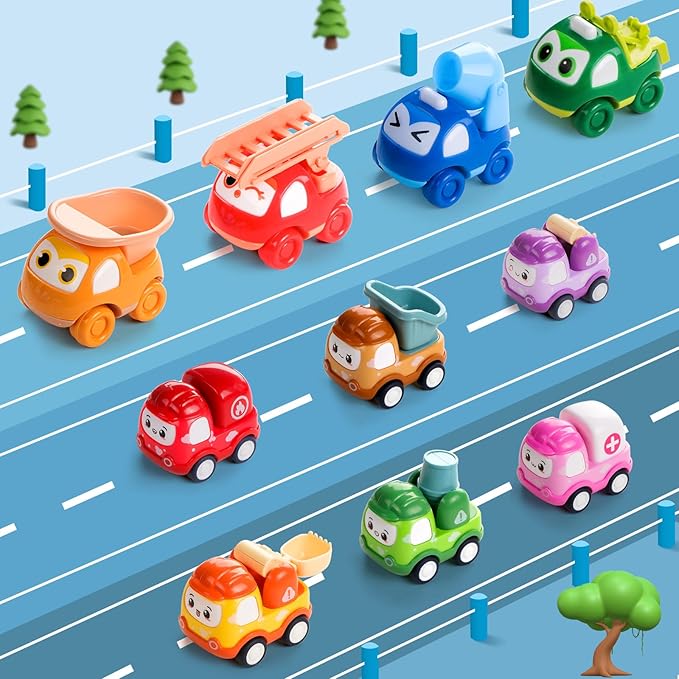 Toy Cars for 1 Year Old: 10 Pack Cute Vehicle with Playmat for 1 2 Year Old Boy Birthday Gift - Baby Toys 12-18 Months