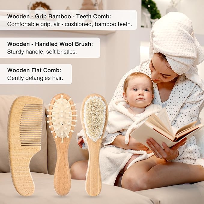 Baby Grooming Kit,Baby Health Care Kit,Baby Brush Soft Bristles Baby Nail Kit Nursery Care Kit Set (3pcs Wooden)