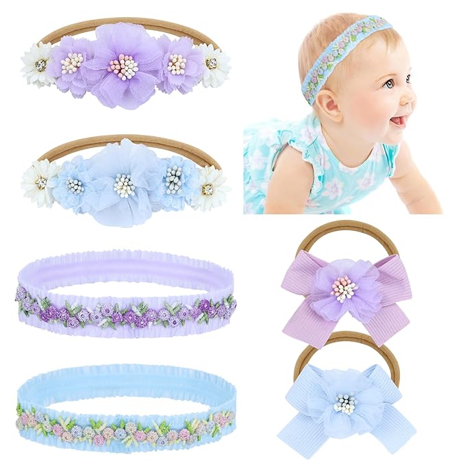 Dizila 6 Pieces Super Soft Stretchy Purple Light Blue Baby Girl Bow Flower Nylon Headbands Floral Lace Headbands Hair Accessories for Newborns Infants Toddlers Girls Kids