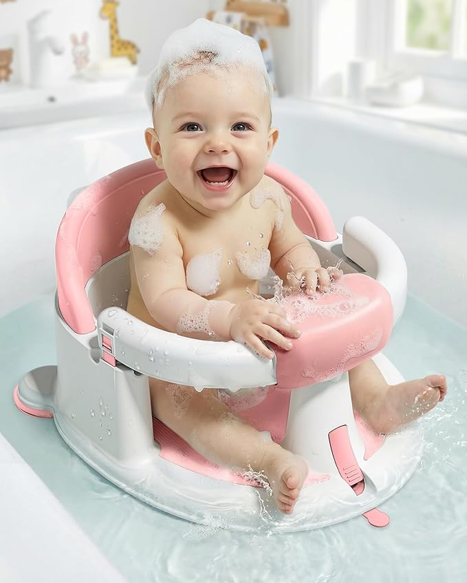 ONTHEWEI Baby Bath Seats for Babies Sitting Up, Non-Slip Baby Bathtub with 3 Suction Cups, Safe & Comfortable Toddler Bath Seat Ideal for Baby Bath/Shower Support, Stable Design, Grey (6-24 Months)