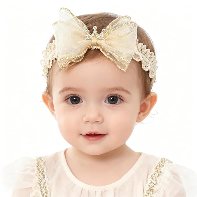 Baby Girls Hairbands bows Headband Stretchy Soft Flower Hairband Toddler Handmade Headbands with Pearls Elastic Headband for Infant Toddler Girl Hair Accessories (Beige Bow, Elastic)