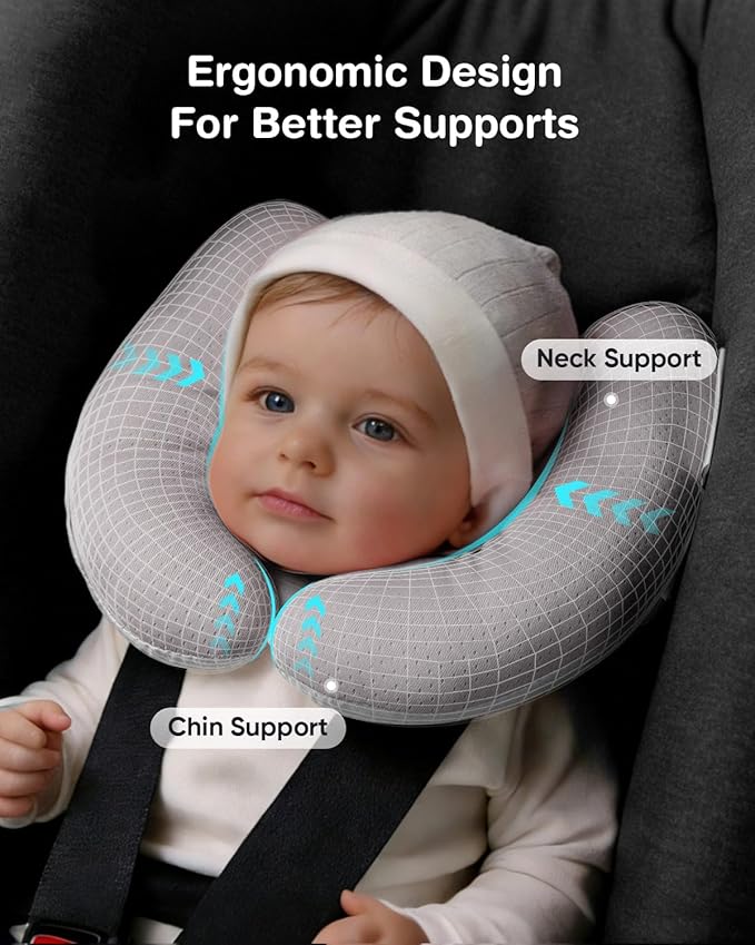 Baby Neck Pillow for Car Seat and Stroller, Adjustable Baby Head Support Pillow for Travel, Soft and Cushiony Torticollis Pillows for Infant and Newborn (Gray)