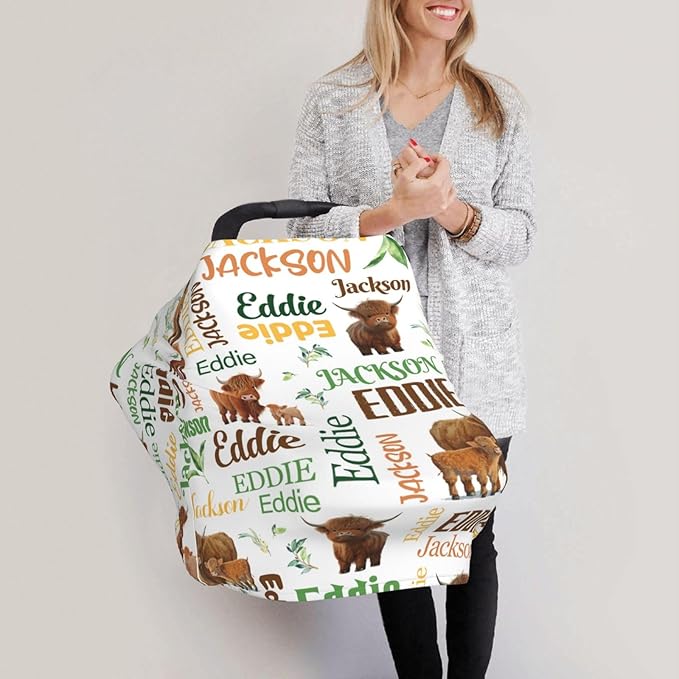 Personalized Baby Car Seat Cover for Boys Girls, Custom High Land Cow Nursing Covers for Breastfeeding with Name, Infant Stroller Cover, Baby Carseat Canopy for Newborn, Multiuse Car Seat Canopies