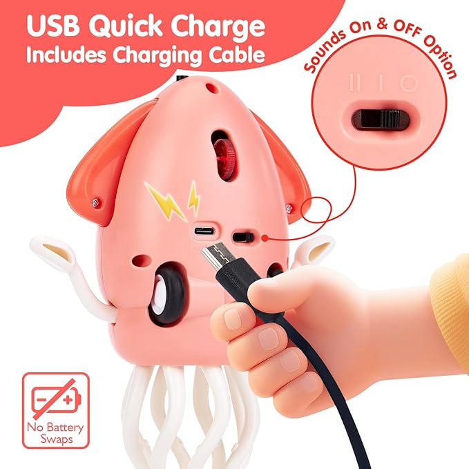 hahaland Tummy Time Toys, Dancing Squid Toy Musical Moving Crawling Baby Toys Developmental Funny Gifts for Babies Rechargeable Electric Octopus Baby Toys 1 Year Old Girl Gifts Easter Basket Stuffers
