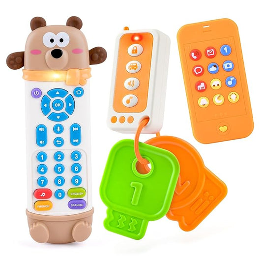 Baby Remote Control Toy with Phone Teether & Teething Keys & Car Remote, Remote Teether for Baby with Realistic Light and Sounds, Baby Musical Toys Gift for Boys Girls 6+ Months