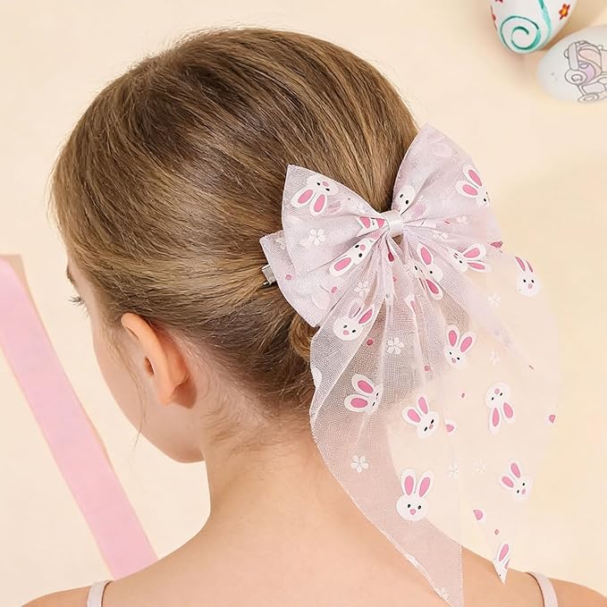 Easter Bunny Hair Bow for Women Girls Toddlers - 13 Inch Large White Tulle Bow Hair Clip with Cute Bunny Pattern, Spring Easter Hair Accessories Rabbit Hairpins for Easter Outfits, Birthday Gifts