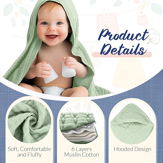 VitalCozy 8 Pcs Baby Muslin Hooded Bath Towels and Washcloths, Muslin Hooded Baby Towels Absorbent Blankets for Gift Newborn Infant Shower (Cream Color)