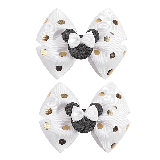 4 Inch Cute Mouse Ears Sequins Bows Hair Clips For Baby Girls, Toddler, Kids and Young Women Birthday Party Wedding Christmas Occasions Set of 2 (A- White Gold)
