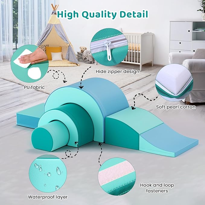 Lischwert Foam Climbing Blocks, Soft Climbing Toys for Toddlers, 5 Pieces Crawl and Climb Foam Playset with Foldable Block and Tunnel, Indoor Climber Activity Play Set for Kids Age 1+