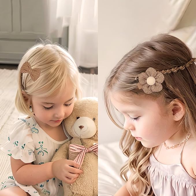 EleMirsa Girl Hair Clips Brown Flower Fabric Snap Hair Clips Fully Lined Alligator Clips Brown Bow Hair Accessories for Little Girl Teens Toddler Kids,20pcs