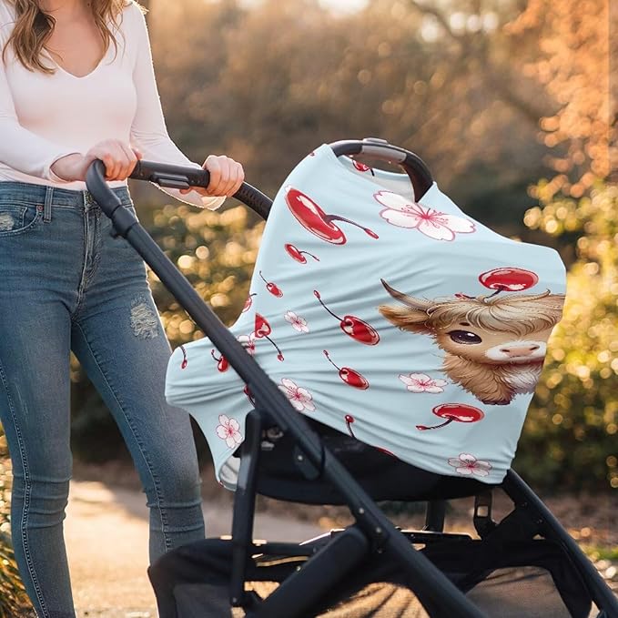 Wanyint Highland Cow Cherry Stretchy Baby Car Seat Cover Carseat Canopy for Babies Universal Baby Breastfeeding Stroller High Chair Shopping Cart Cover