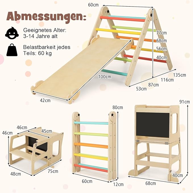 COSTWAY Climbing Triangle with Slide, 7-in-1 Indoor Climbing Frame for Children from 3 Years, Includes Climbing Triangle Foldable & Height Adjustable, Reversible Ramp, Step Stool Convertable,