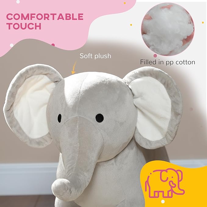 Qaba Rocking Horse, Kids Rocking Animal, Elephant Rocker with Realistic Sounds, Plush Ride on Toy for Years 2-4, Gray