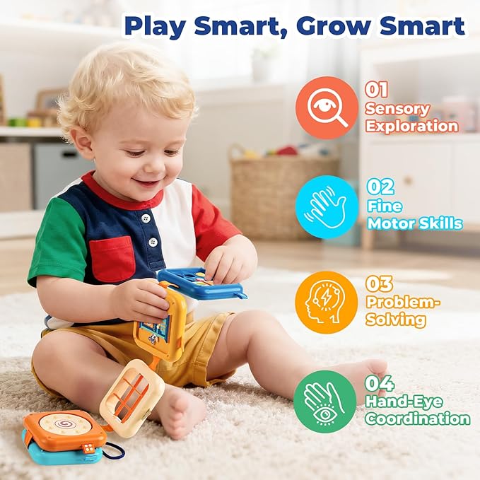 SOCBTNSO Busy Board for 1 Year Old, Travel Toys for Toddlers 1-3, Montessori Toys for Airplane Car Road Trip Activities| Baby Travel Essential Busy Cube Birthday Gifts for Boys Girls